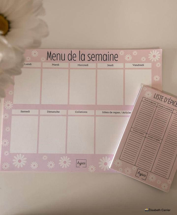alt="Planificateur de repas hebdomadaire Pink Era avec des marguerites blanches, design simple et féminin de couleur rose, sections dédiées pour chaque jour et collations, grand espace pour noter idées de repas et articles à acheter, format compact 8.5 x 11 pouces, 40 pages, option aimants, papier cartonné épais pour une durabilité supérieure."
