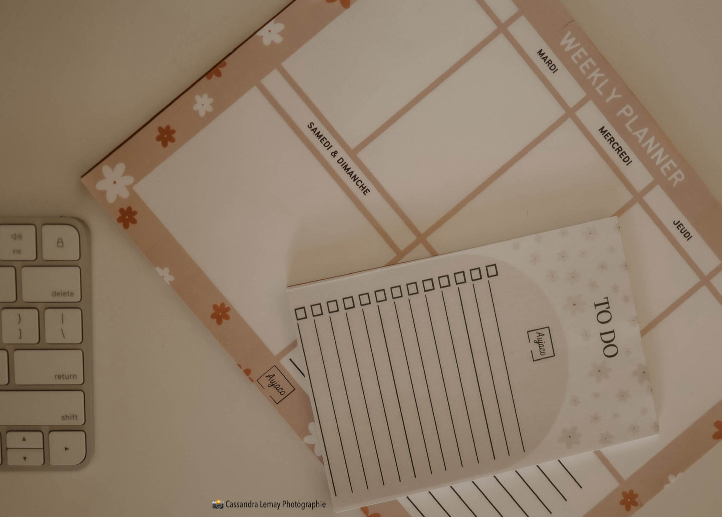 alt="To-do list avec design de fleurs beiges sur fond blanc et arche beige, dimensions 4 x 6 pouces, papier cartonné épais, 40 pages"