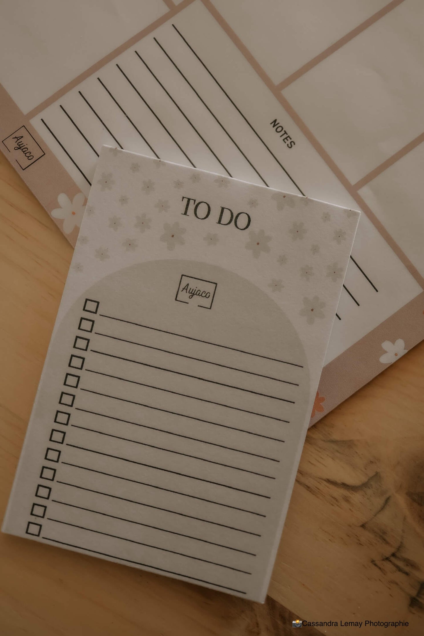 alt="To-do list avec design de fleurs beiges sur fond blanc et arche beige, dimensions 4 x 6 pouces, papier cartonné épais, 40 pages"
