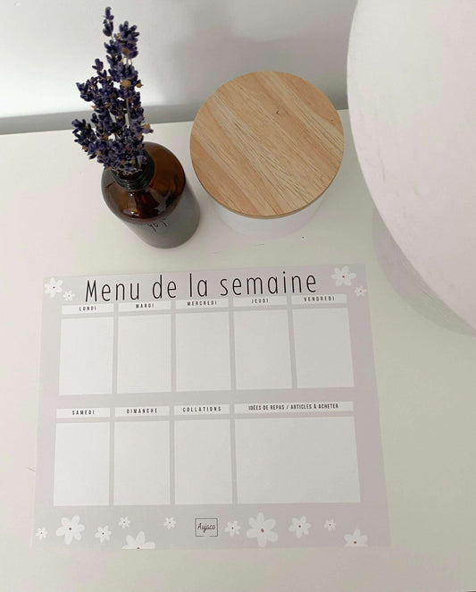 Planificateur de repas greige et fleurs blanches Aujaco